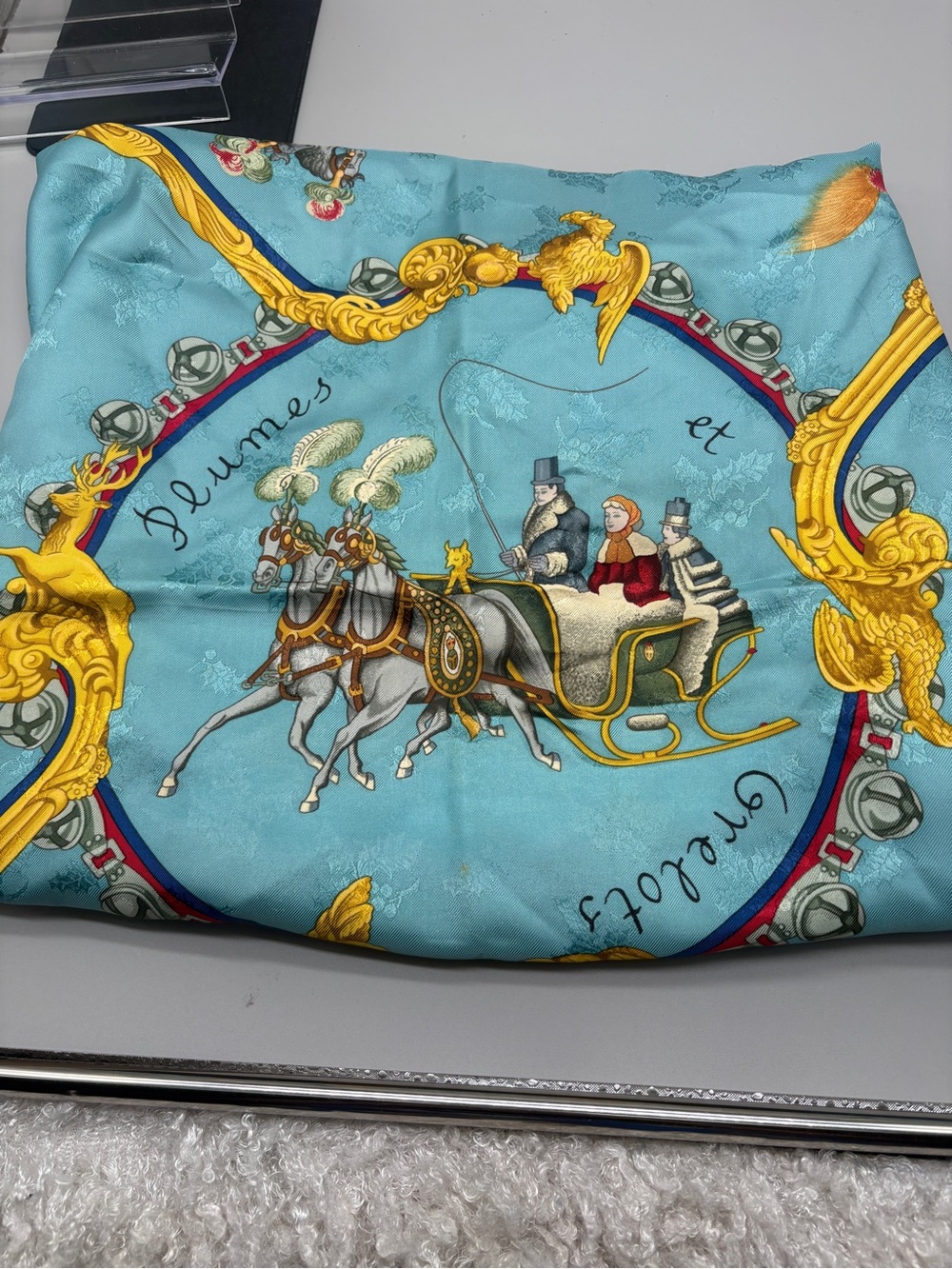 Hermès Plumes et Grelots Carré 90 Silk Scarf Blue Gold Vintage